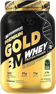 Bigmuscles Nutrition Premium Gold Whey [1Kg] | Informed Choice UK Certified | Isolate Whey Protein Blend | 25g Protein | 11g EAA | ProHydrolase Enzyme Technology [Chocolate Hazelnut]