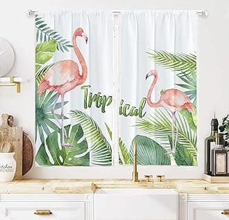 Flamingo Tropical Leaf Kitchen Window Curtain Green and White Plant Rod Pocket Botanical Banana Tree Nature Living Room Bedroom Window Drapes Treatment Fabric 55" X 39" (2 Panels 27.5 x 39 Inch)