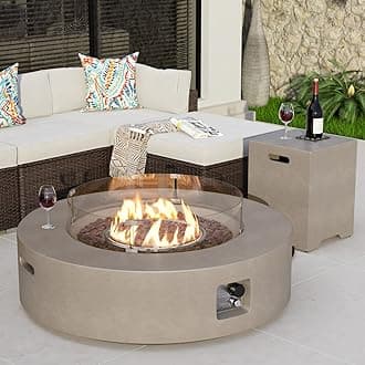 COSIEST 2-Piece Outdoor Propane Firepit Table Set w Tank Table, 42" Fire Table Certified, 50,000 BTU w Gray Round Base,Wind Guard and 16 inches Tank Side Table 20lb for Garden,Pool