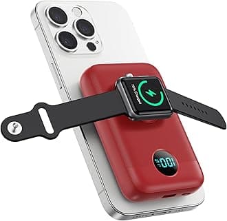 Magnetic Portable Charger 10800mAh,4-in-1 Wireless Power Bank with iWatch Charger, QC4.0+20W PD Fast Charging USB C Battery Pack with LCD Display for Magsafe,iPhone 16/15/14/13/12,Apple Watch -Red