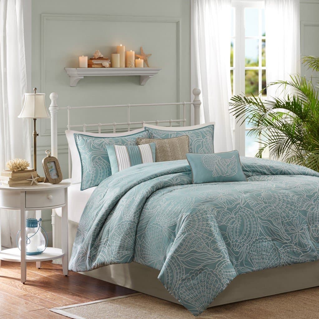 Soft Blue, Seashells, Starfish, Beach House, Island, Queen Comforter Set (7 Piece Bed in A Bag)