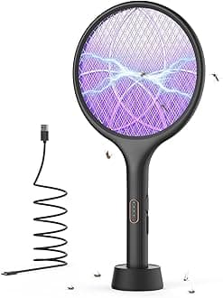 YISSVIC Electric Fly Swatter 4000V Bug Fly Zapper Racket Mosquito Killer 1500 mAh 3 Layers Mesh with USB C Cable Stand Base for Indoor Outdoor