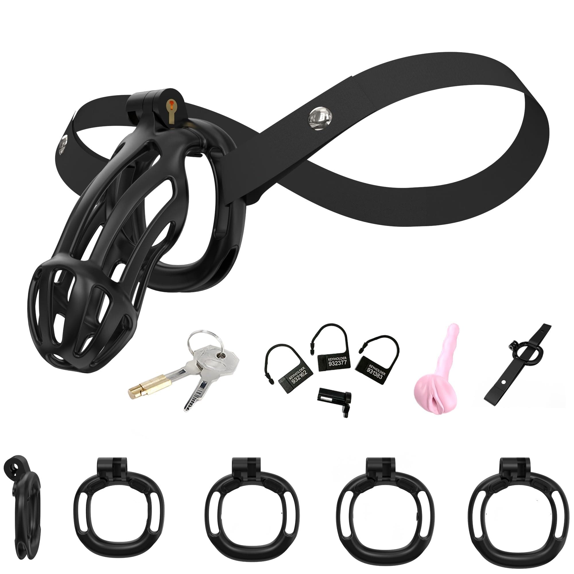 Men's Skeleton Resin Protective cage with Small Bars and 4 Sizes of Rings with 1 Fixed Belt (Black, A2)