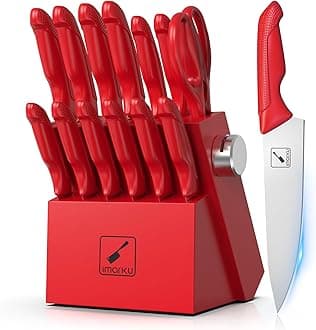 imarku Knife Set with Block, Sharp Knife Set with Built-in Sharpener, Japanese Stainless Steel Kitchen Knife Set with Non-Slip Ergonomic Handle, Dishwasher Safe, Best Holiday Gifts, 14 PCS, Red