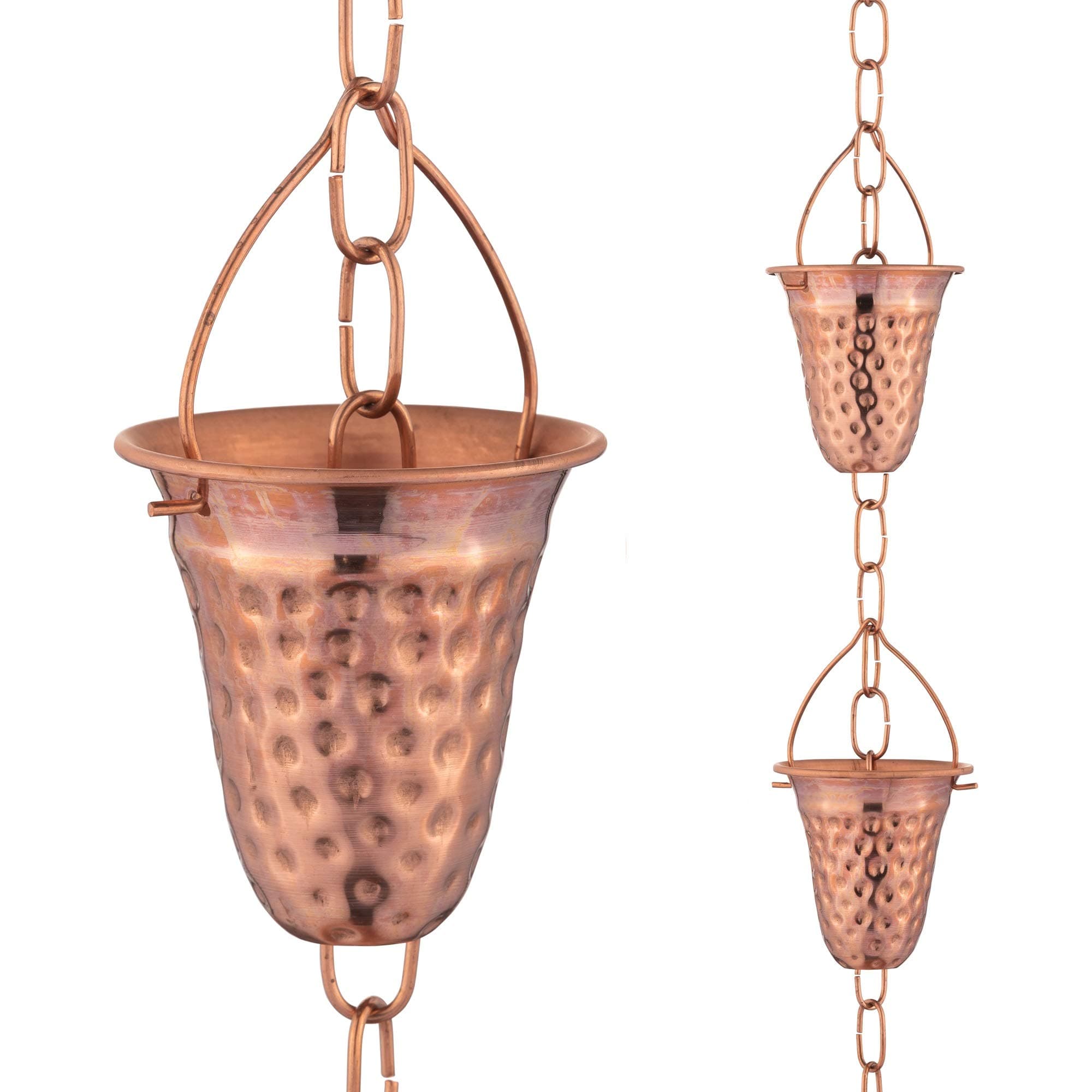 Copper Hammered Rain Chain – Decorative Chimes & Cups Replace Gutter Downspout & Divert Water Away from Home for Stunning Fountain Display – 6.5’ Long for Universal Fit – Bell Style