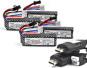 (4-Pack) 11.1V 2000mAh Li-Po Rechargeable Battery with SM2P Plug & USB Cable, Compatible with WPL RES V-3 ESC 1/16 RC Crawler, 501855 Soft-Gun & Water-Gun Toys