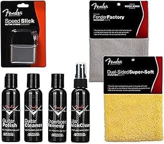 Fender Guitar Super Care Kit Bundle with Speed Slick String Cleaner, Custom Shop Deluxe Guitar Care System 4 Pack, Super-Soft Dual-Sided Microfiber Cloth, and Fender Factory Microfiber Cloth
