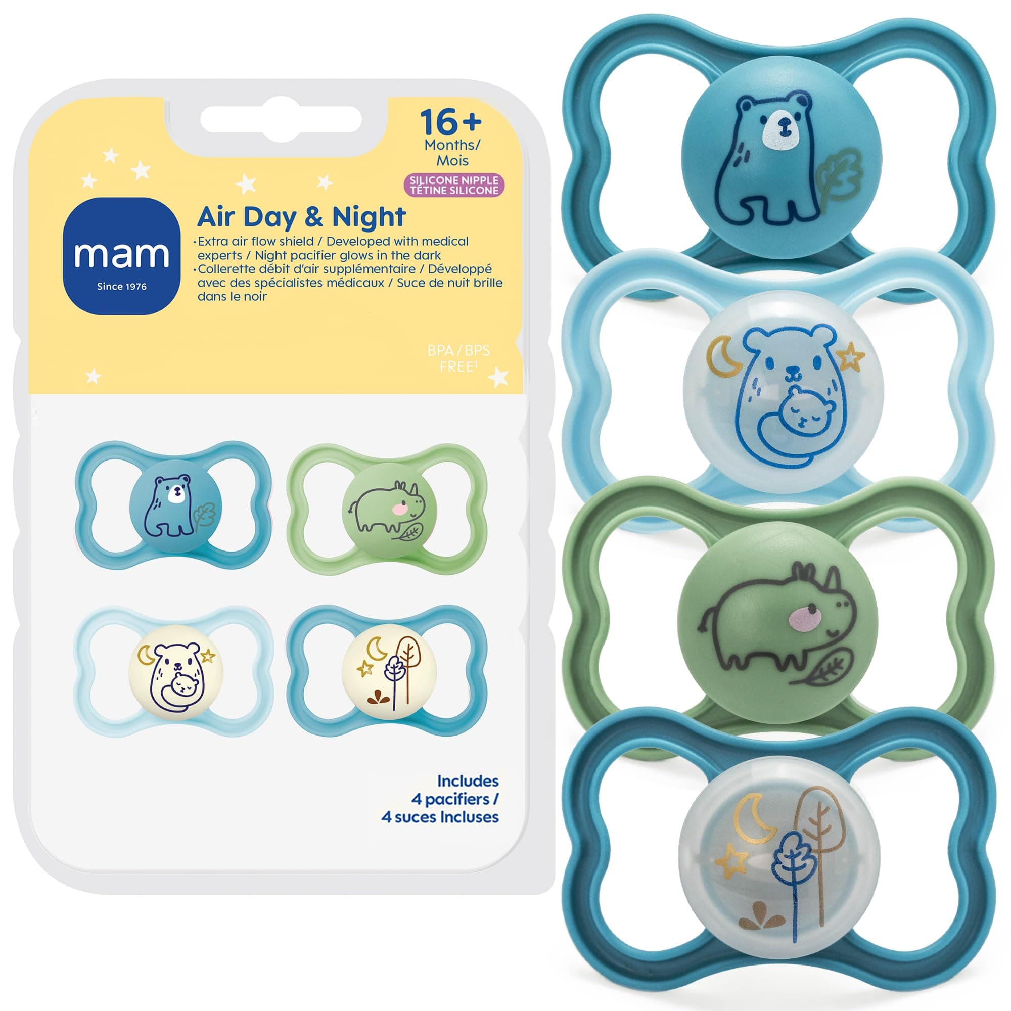 MAM Air Pacifier for Babies 16+ Months, Extra Air Flow for Sensitive Skin, Glows in The Dark, Developed with Medical Experts, BPA-Free Skin Soft Silicone, 4 Count, Made in Europe