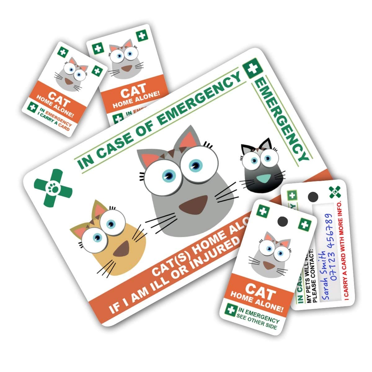CAT Home Alone PREMIUM Card Pack - Wallet size card with WRITABLE reverse for Contact Details of Friends, Family or Neighbours who will look after you pets if you are ill or injured