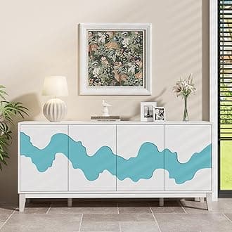 UEV Buffet Cabinet, 63" Modern Sideboard with Blue Water Stream Pattern, Kitchen Storage Cabinet with 4 Doors and Shelf, Wood Credenza for Dinning Room, Living Room (White and Blue)