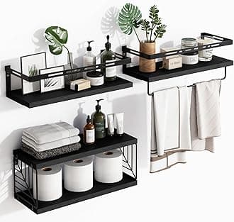 Fixwal 3+1 Tier Wall Mounted Bathroom Shelves Over Toilet, Rustic Wood Floating Shelves with Metal Frame and Towel Bar for Bathroom, Kitchen, Bedroom, Living Room (Black)