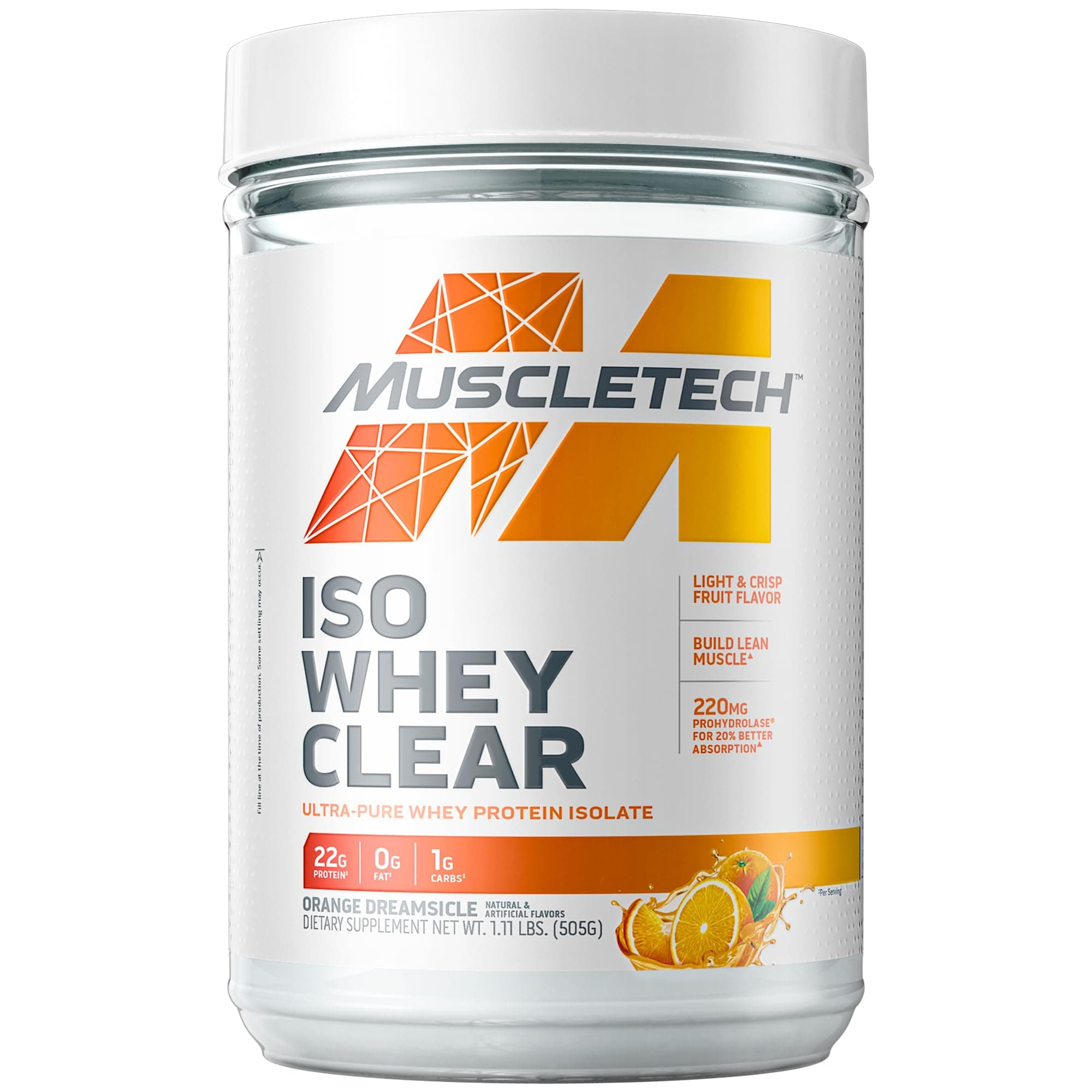 MuscleTech Clear Whey Protein Isolate | Whey Isolate Protein Powder for Women & Men | Clear Protein Drink | 22g of Protein, 90 Calories | Orange Dreamsicle, 1.1lb (19 Servings)