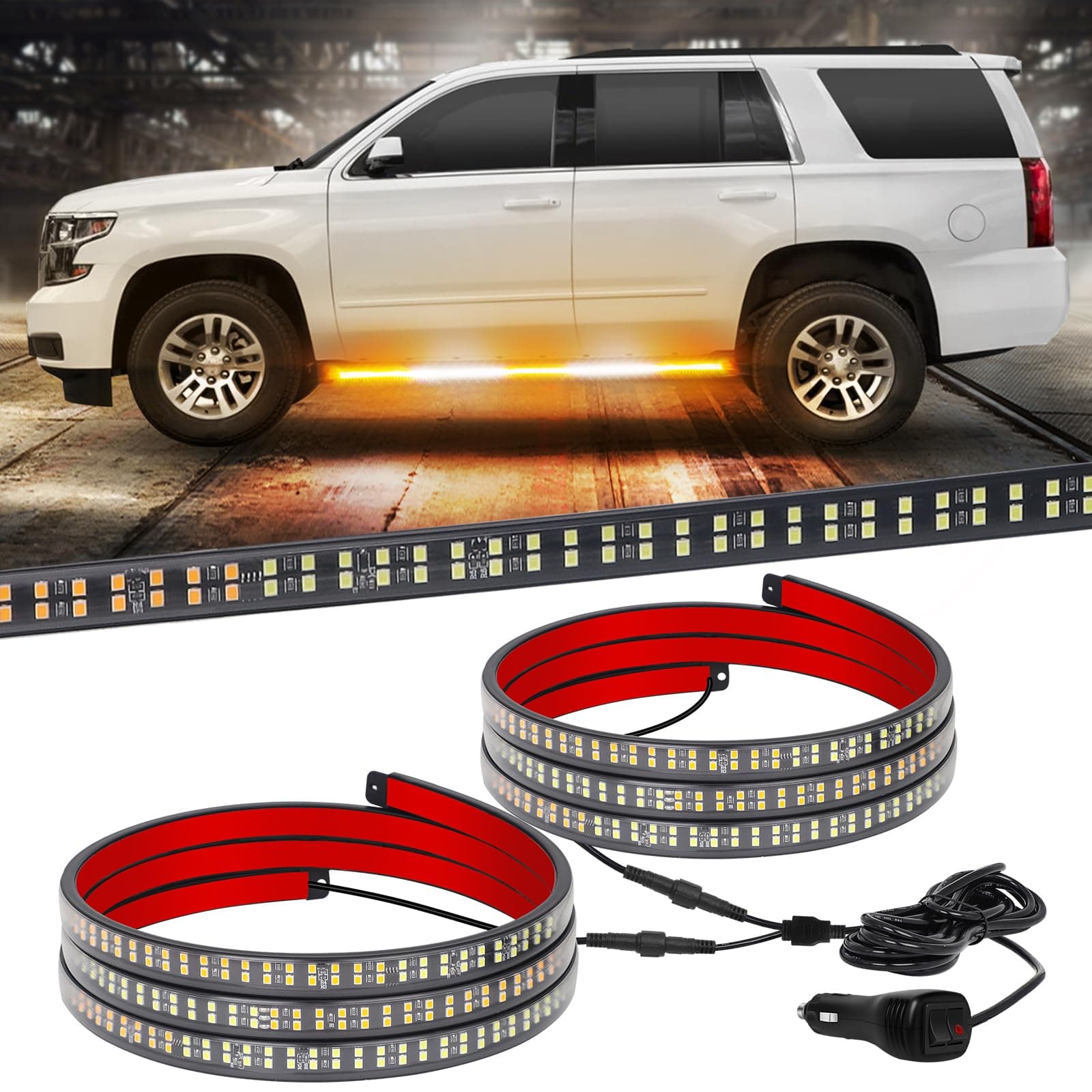 XRIDONSEN 2PCS 60 inch Emergency Truck Strobe Lights Strip 720 LED Running Board Lights Amber White Flashing Warning Hazard Safety Side Step Lights for Trucks Construction Vehicles Pickup SUV Jeep