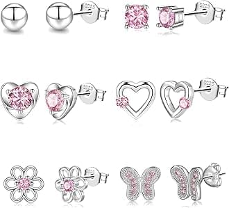 6 Pairs Huggie Hoop Earrings for Girls 925 Sterling Silver Stud Sets Cute Kids Heart Hoops Tiny Cubic Zirconia Flower Stud Small Hypoallergenic Cartilage Sleeper Earrings for Teen Toddler Childs Women