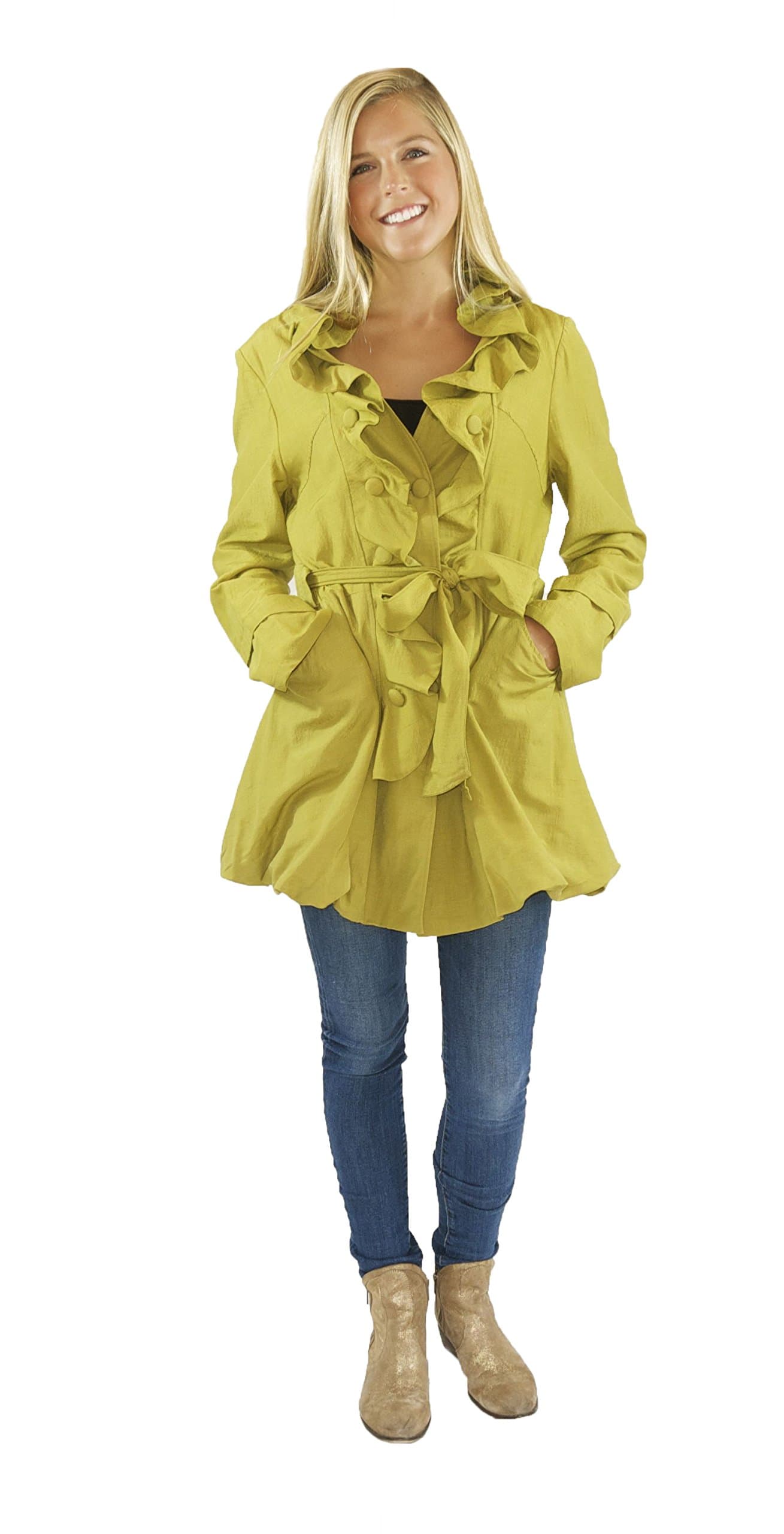 Womens Elegant Silk Front Ruffle Trench Coat- Assorted Colors