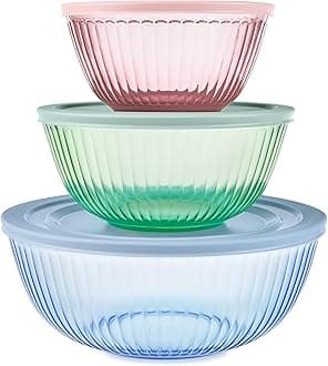 Colors (3-Pack, Full Set) Sculpted Tinted Glass Mixing Bowls with Lids, Nesting Space Saving Set of Bowls for Prepping and Baking, 1.3QT, 2.3QT & 4.5Q, (Pink, Green, Blue)