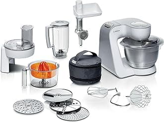 CreationLine 7 in 1 Stand Mixer MUM58259GB with 11 accessories, 7 Speeds, dough hook, whisk, beater, blender, juicer, mincer, shredder, 1000W, White/Silver