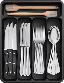 Lifewit Cutlery Drawer Organiser, Plastic Cutlery Tray for Kitchen, Utensil Flatware Silverware Holder Divider for Spoons Forks Knives Tableware, 5 Compartments, 23 x 32cm, Black
