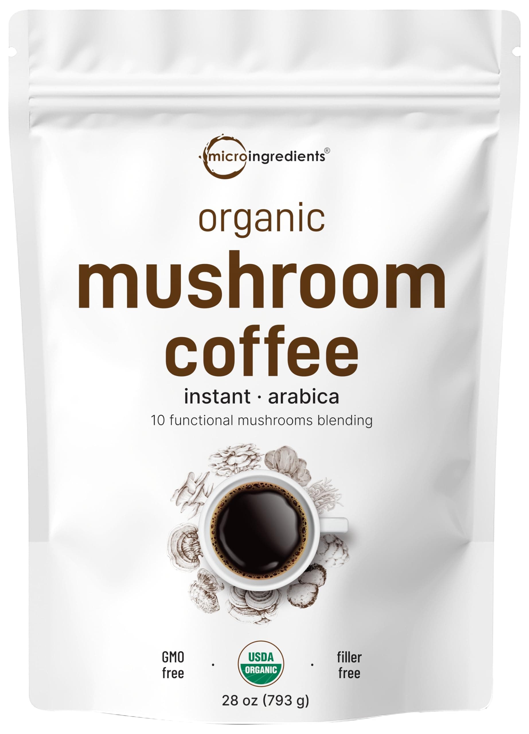 Organic Instant 10 in 1 Mushroom Coffee Powder, 28 Ounce (317 Servings) | Premium Arabica Coffee with Lion’s Mane, Chaga, Reishi & More