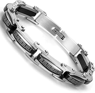 Industrial Greek Pattern 316L Stainless Steel Link Cuff Bracelet for Men (Black, Silver)