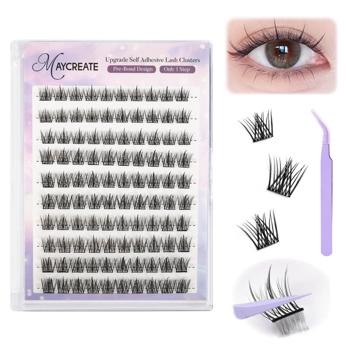 100Pcs Self Adhesive Eyelashes, Self Adhesive Eyelash Clusters, Lash Cluster Press On Lashes Stick Cluster Lashes Pre Glued Eyelash Clusters with Tweezer No Glue Needed, 11-13mm