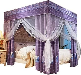 Susisang Bed Curtain Four Poster Bed Canopy Mosquito Net Double Layer Princess Blackout Curtains Canopy with Frame 18 - Hole Mesh Design Exquisite Bedroom Decoration (purple,180 * 200 * 200)