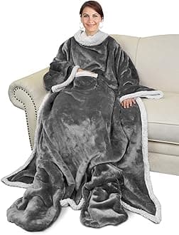 Catalonia Sherpa Wearable Blanket with Sleeves & Foot Pockets for Adult Women Men, Comfy Snuggly Wrap Sleeved Throw Blanket Robe, Gift Idea, Grey