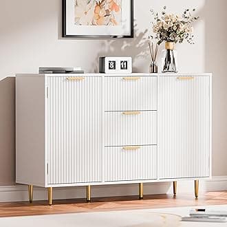 Cozy Castle 47.2" Buffet Cabinet, Large Coffee Bar Cabinet, Glossy Fluted Accent Sideboard with Adjustable Shelves, Credenza with Doors and Drawers for Living Room, Hallway, Kitchen, White