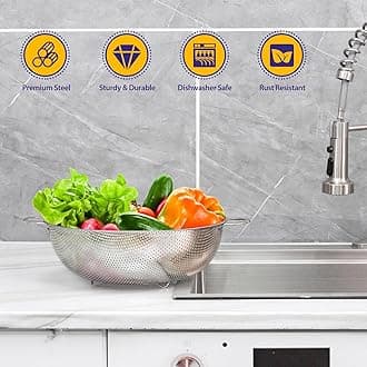 E-far 5-Quart Stainless Steel Colander, Micro-Perforated Metal Colander Strainer with Handle for Kitchen/Draining Pasta/Rinsing Vegetables Fruits, Heavy Duty & Dishwasher Safe - 11 Inches, EF-STC135