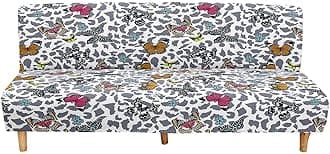 Mateju Armless Sofa Bed Cover, Butterfly Pattern Folding Sofa Bed without Armrests, Non Slip Stretch Futon Slipcover Protector for 2-3 Seater, Washable Couch Bed Slipcovers (grey,190-230cm)