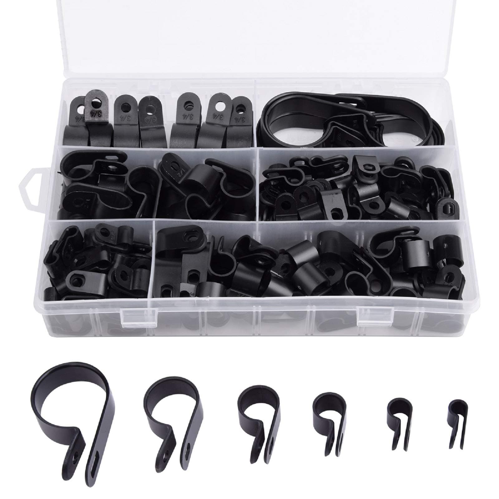 200Pcs Thickened Nylon P Clips Cable Clamp Clips-3/16’’ 1/4’’ 3/8’’ 1/2’’ 3/4’’ 1’’ Mounting R-Type Cable Clip Wire Clamp Audio Fastener for Wire Management,Cable,Conduit and Cable Conduit Kit