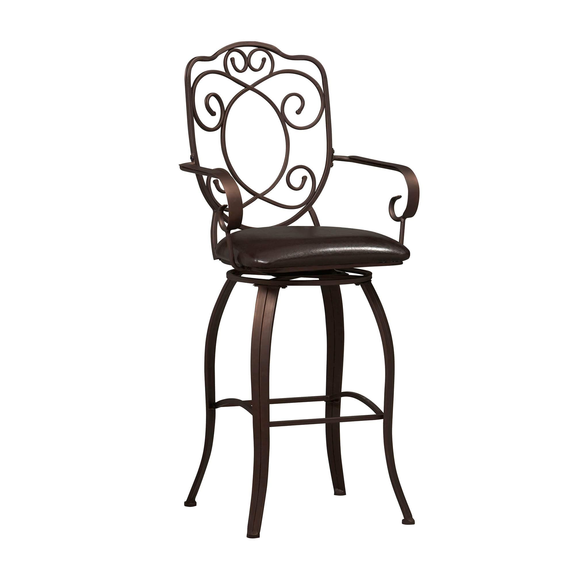 BenjaraMetal Bar Stool with Armrests and Scrollwork Details, Brown