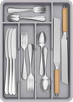 Lifewit Cutlery Drawer Organiser, Plastic Cutlery Tray for Kitchen, Utensil Flatware Silverware Holder Divider for Spoons Forks Knives Tableware, 5 Compartments, 24 x 34cm, Grey