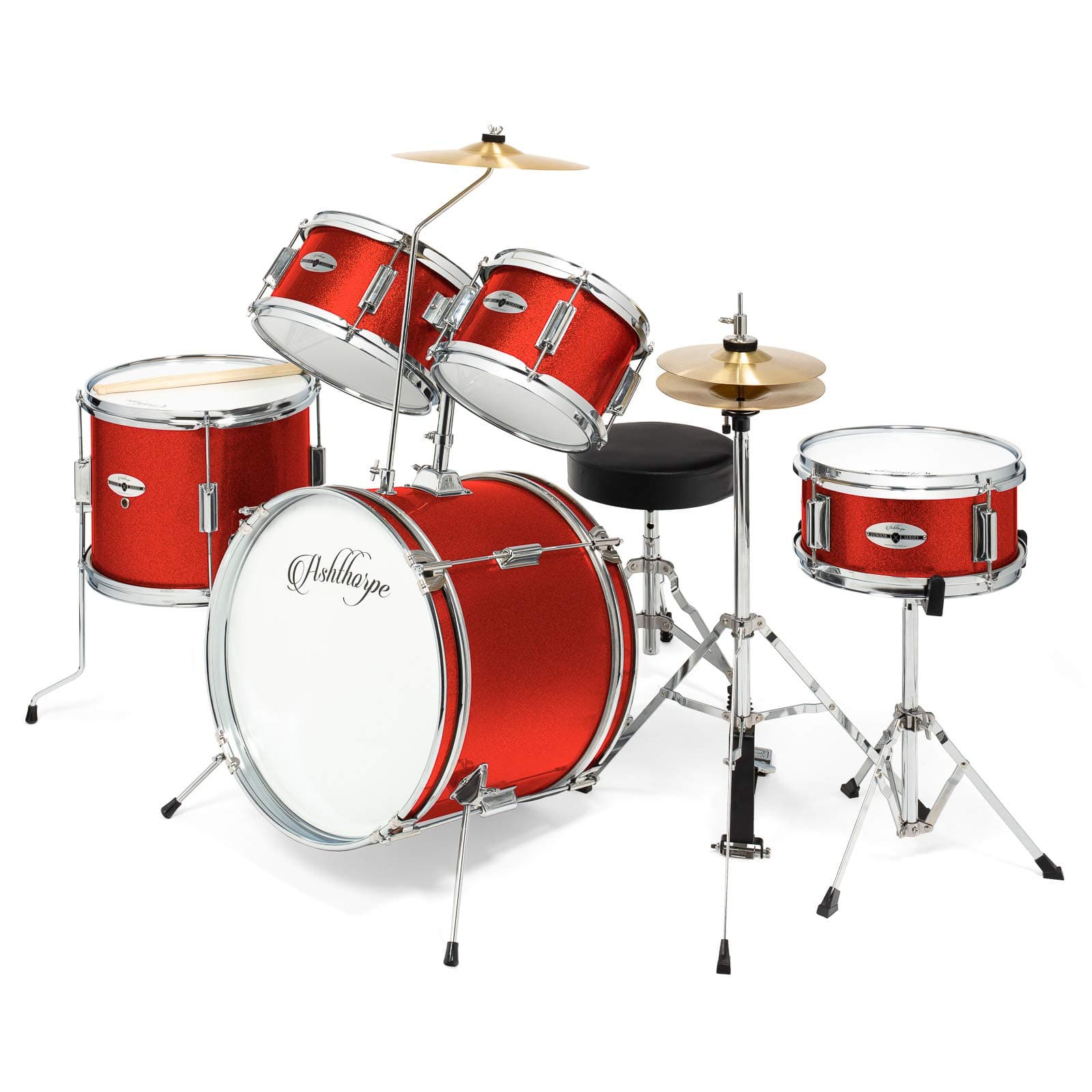 5-Piece Complete Junior Drum Set with Genuine Brass Cymbals - Advanced Beginner Kit with 16" Bass, Adjustable Throne, Cymbals, Hi-Hats, Pedals & Drumsticks - Red