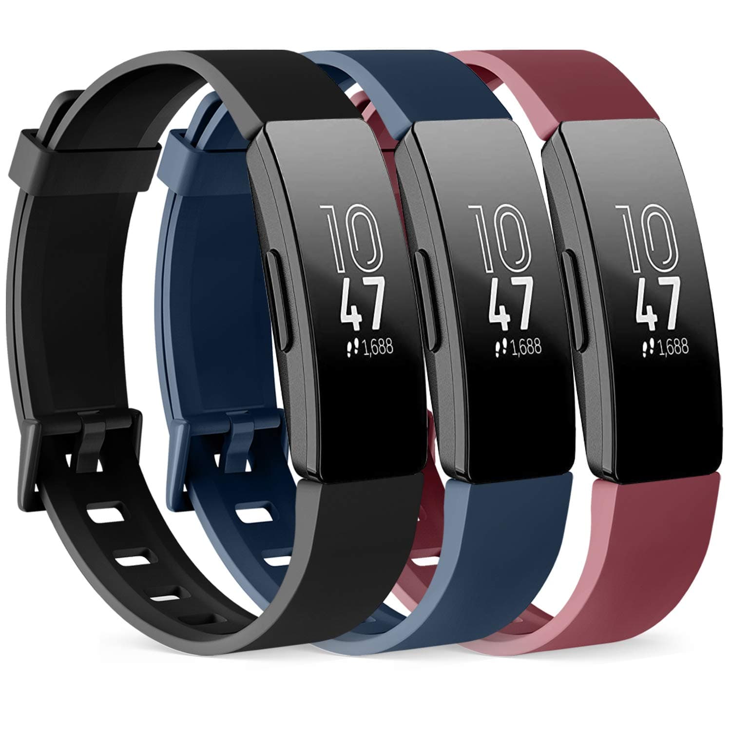 Pack 3 Silicone Bands for Fitbit Inspire HR & Fitbit Inspire 2 &Fitbit Inspire & Ace 2 Replacement Wristbands for Women Men Small Large (Black+Navy Blue+Wine Red, Small: for 5.5"-7.9" wrists)