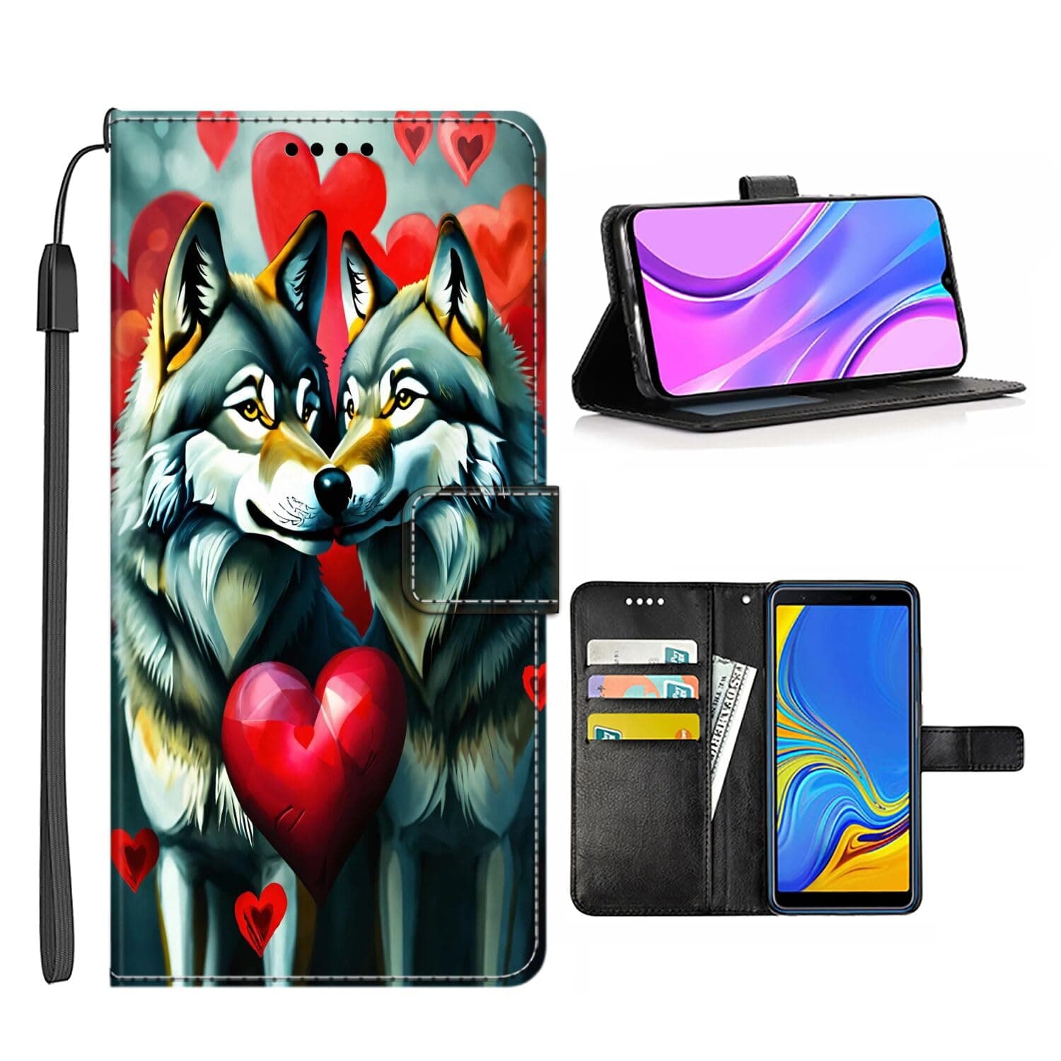 Wallet Case for Samsung Galaxy A01 A01 Core A02S A03S A03 A04 A04e A10 A10e A10s A11 A12 A13 A14 A20s A20e A21s A22 A23 A24 4G/5G with Wolf-Bk58,Card Slot and Wrist Strap Flip Cover