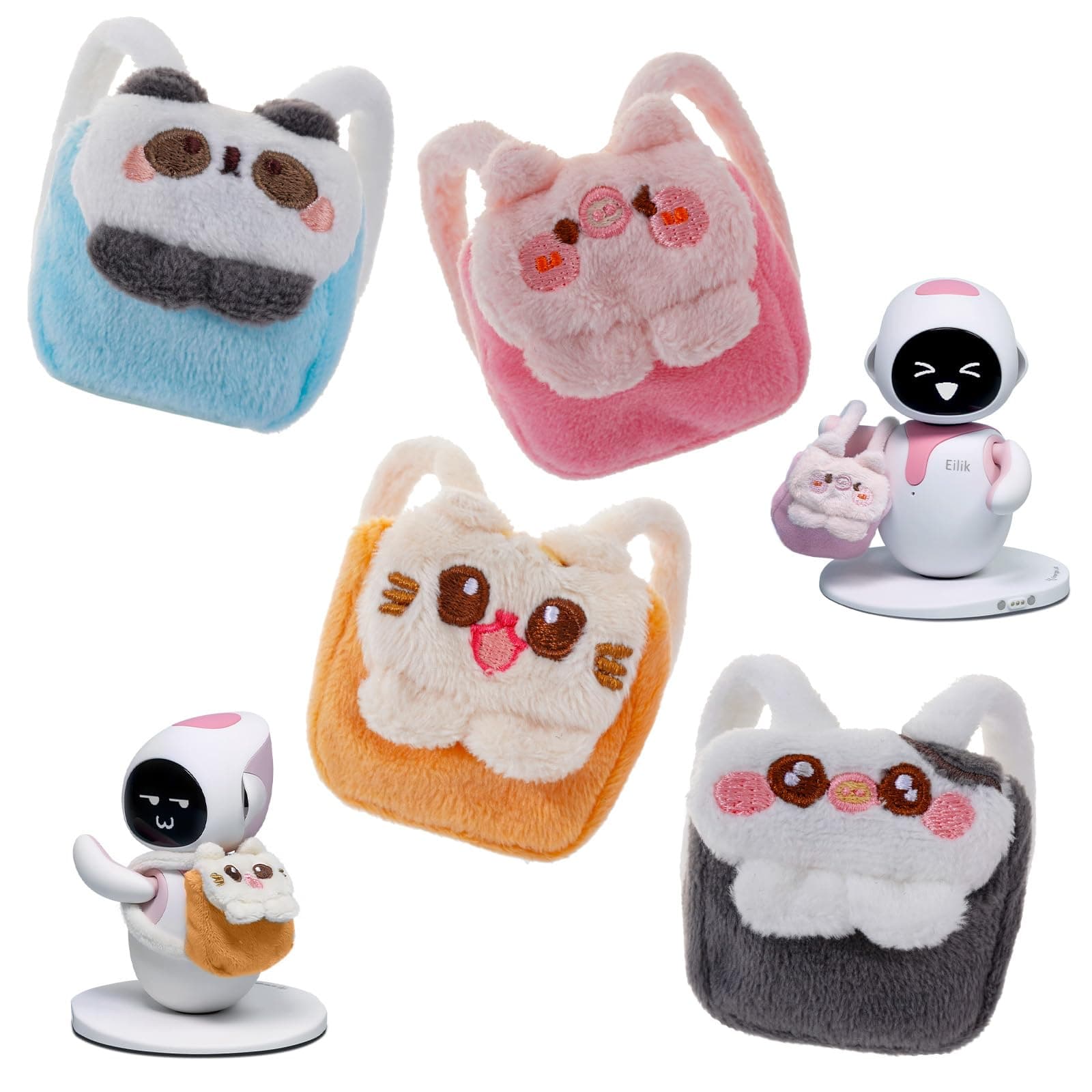 ENERGIZE LAB Animal Backpack Set for Eilik - 4 Pcs Animal-themed Backpacks Toys with Cozy Plush Texture, Eilik Love to Use it for Food or Books, You Can Hold Other Items! Cutest Christmas Gifts.