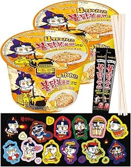 ***12 types of Buldak character ‘Hochi’ stickers*** Quattro Cheese Buldak stir-fried noodles Big Bowl 2 Pack + Buldak Sauce 2 Stick + wooden chopsticks 2 pairs - Korean Food Spicy Cup Ramen