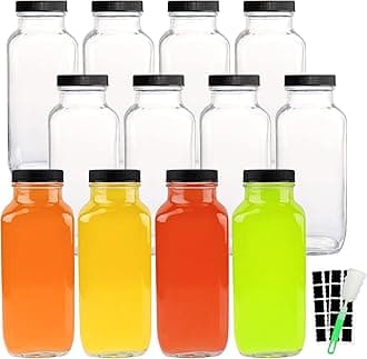 16 OZ Glass Drink Bottles, Set of 12 Vintage Glass Water Bottles with Lids, Great for storing Juices, Milk, Beverages, Kombucha and More (Labels and Sponge Brush Included)
