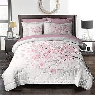 BlessLiving Spring Floral Comforter Set, 8 Pieces Bed in a Bag, Pink Sakura Cherry Flower Bedding Sets, Lightweight Comforter Set for Queen Bed (Comforter, Sheets, Pillowcases, Shams & Cushion Cover)