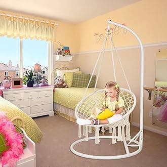Mertonzo Macrame Hammock Swing Chair, Handmade Knitted Hanging Swing Chair for Indoor,Outdoor, Bedroom, Balcony, Yard, Porch- 265 Pound Capacity Off-White- 29.53" L x 29.53" W x 45.28" H