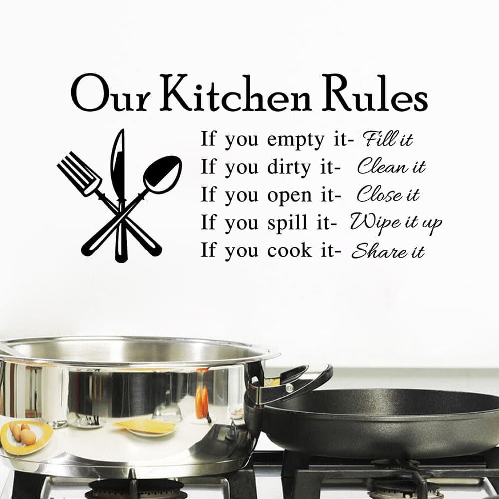 BIBITIME Kitchen Rules Wall Decal Tile Window Sticker Vinyl Knife Fork Spoon Sayings Quotes DIY English Words Lettering Art Murals PVC Decor Finished Size 22.83" x 11.41"