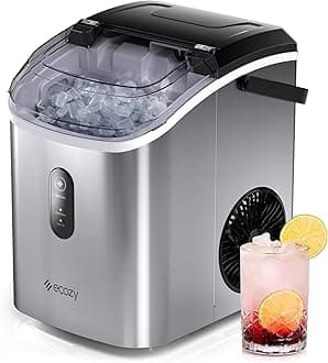ecozyNugget Ice Maker Countertop with Handle, 33 lbs Chewable Pellet Ice Daily, Self-Cleaning Ice Machine, Includes Ice Bags for Kitchen, Bar, Parties, Stainless Steel