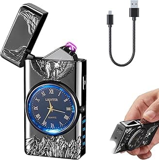 Electric Lighter with Clock YOZWOO USB Rechargeable Lighter with LED Light, Plasma Dual Arc Lighters with LED Power Display for Candle, Cool Lighters Gifts for Men and Women (Black-Eagle)