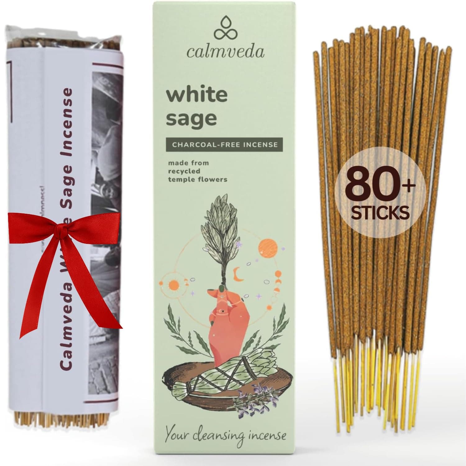 White Sage Incense Sticks for Cleansing - (80 Scented Sticks) Charcoal Free, Made from Upcycled Flowers | Protection Incense to Cleanse Negative Energy
