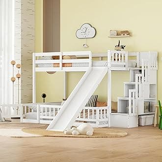 Twin Over Full Bunk Bed with Slide, Solid Wood Bunk Bed with Safety Guardrails and Storage Staircase for Kids Teens Boys Girls Bedroom, Space Saving Design (White-30c)