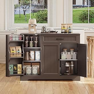 Gizoon Kitchen Coffee Bar Cabinet with Storage Kitchen Sideboard Buffet Cabinet with Drawers, Short Pantry with Door and Shelves for Bathroom and Living Room, Dark Brown