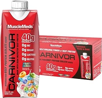 MuscleMeds Carnivor RTD, Ready to Drink Protein, Lactose Free, Sugar Free, 40g Isolate Protein, Muscle Building, Recovery, Halal Certified, Fruity Cereal, 16.9 Fl Oz (Pack of 12)