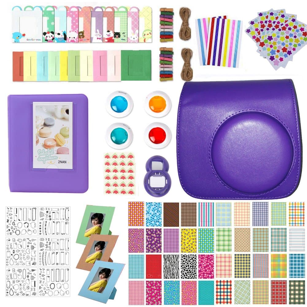 12-in-1 Accessories bundle set for Fujifilm Instax Mini 9 / 8, instant picture camera users, incl. camera bag, album book, close-up lens, colour filter, rectangle photo frame for hanging up, cartoon photo frame, 3-inch (7.6 cm) paper frames, colour stickers, fruit theme stickers, five-pointed star stickers, DIY message stickers, film stickers.