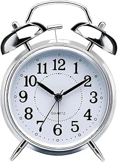 Aerys Table Clock Retro Twin Bell Metal Frame Alarm Clock With Night Backlight Function & Silent Motion, High Volume Bedside Luminous Alarm For Bedroom/Office (Silver Vintage) - Analog, 4.5 X 1.5 Inch